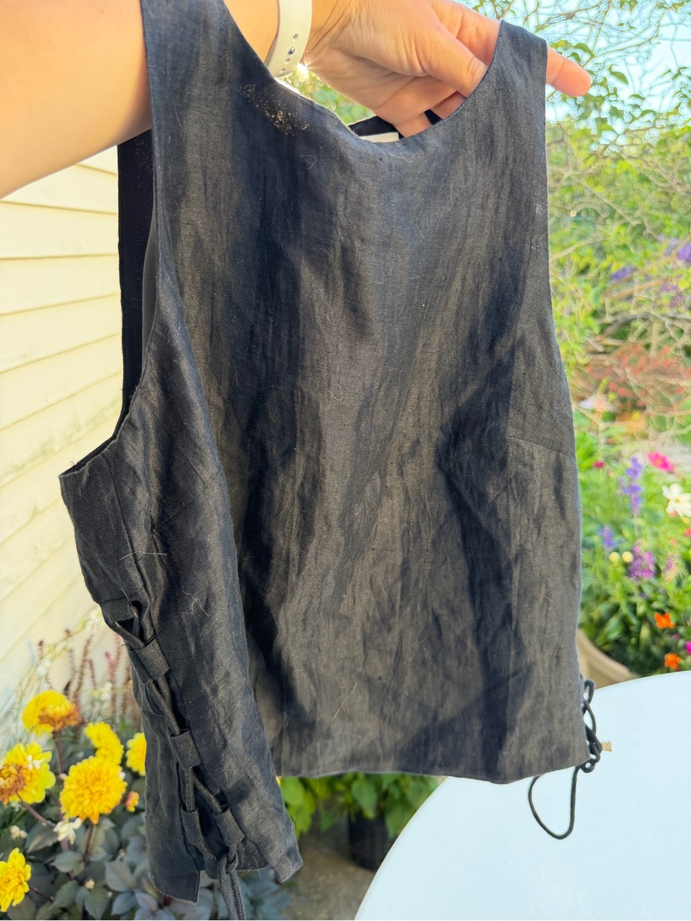 Sleeveless Black Linen blouse with side tie details